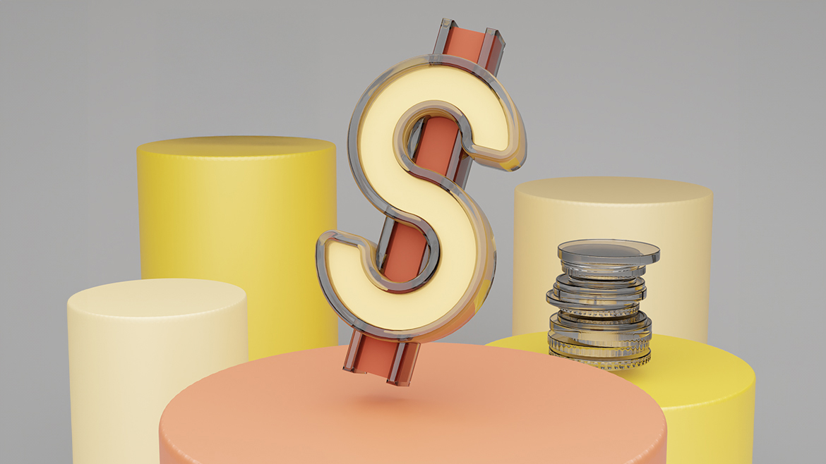 dollar sign and stack of coins on 3D cylinders