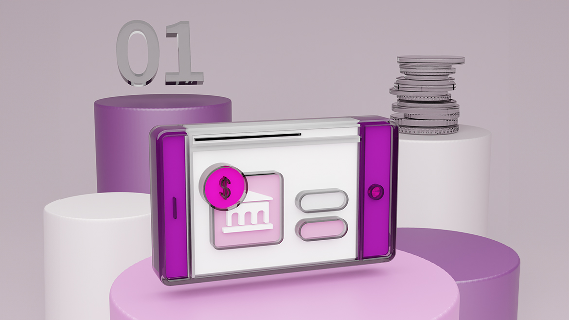 Computer-generated image showing a mobile phone with some bank related icons on its screen